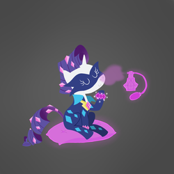 Size: 1000x1000 | Tagged: safe, artist:elslowmo, radiance, rarity, g4, eyes closed, female, magic, mlpgdraws, perfume, pillow, power ponies, sitting, solo