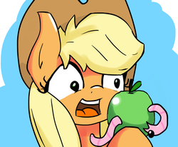 Size: 2063x1700 | Tagged: artist needed, safe, applejack, earth pony, pony, worm, my little brony risovach, g4, apple, tragedy