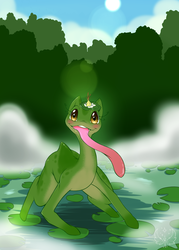 Size: 1280x1792 | Tagged: safe, artist:cold-blooded-twilight, oc, oc only, frog, frog pony, hybrid, original species, blushing, cute, eyelashes, impossibly long tongue, lily (flower), lilypad, long neck, long tongue, looking at you, open mouth, smiling, solo, swamp, tongue out, wtf
