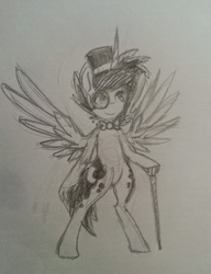 Size: 683x889 | Tagged: safe, artist:breadcipher, princess luna, pony, lunadoodle, g4, bipedal, bowtie, female, hat, monochrome, monocle, pencil drawing, scepter, short mane, sketch, smiling, solo, spread wings, top hat, traditional art
