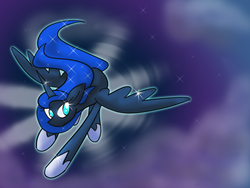 Size: 800x600 | Tagged: safe, artist:karlaandbliss, princess luna, lunadoodle, g4, cloud, cloudy, female, flying, night, smiling, solo, stars