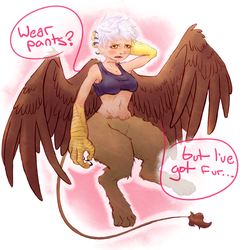Size: 2473x2500 | Tagged: safe, artist:nobody, oc, oc only, oc:alex, griffon, satyr, breasts, dialogue, female, high res, hips, large wings, offspring, parent:gilda, solo