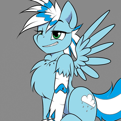 Size: 1280x1280 | Tagged: safe, artist:kloudmutt, artist:quaver ava, oc, oc only, oc:frosty winds, cyborg, pegasus, pony, fallout equestria, fallout equestria: memories, chest fluff, prosthetic limb, prosthetics, smug, solo