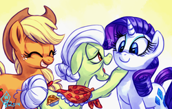 Size: 1280x812 | Tagged: safe, artist:whitediamonds, applejack, granny smith, rarity, earth pony, pony, unicorn, rarijack daily, g4, applejack's hat, approval, cowboy hat, eyes closed, female, floppy ears, freckles, grin, hat, lesbian, looking at each other, mare, open mouth, ship:rarijack, shipping, smiling, trio, tumblr