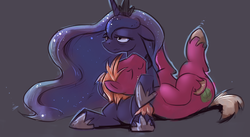 Size: 1280x700 | Tagged: dead source, safe, artist:gsphere, big macintosh, princess luna, earth pony, pony, g4, bags under eyes, eyes closed, male, missing accessory, on back, sleeping, sleeping macintosh daily, smiling, stallion, tired, tumblr
