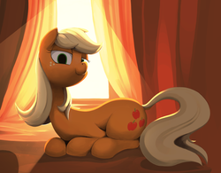 Size: 2790x2173 | Tagged: safe, artist:dimfann, applejack, earth pony, pony, g4, alternate hairstyle, bedroom eyes, crepuscular rays, curtains, cute, dock, female, high res, jackabetes, looking at you, loose hair, mare, prone, solo