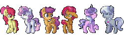Size: 353x100 | Tagged: safe, artist:rue-willings, apple bloom, babs seed, diamond tiara, scootaloo, silver spoon, sweetie belle, g4, adorabullies, animated, blank flank, cute, cutie mark crusaders, eyes closed, female, glasses, happy, pixel art, simple background, smiling, transparent, transparent background