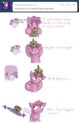Size: 495x769 | Tagged: safe, artist:haute-claire, ruby pinch, sweetie belle, ask ruby pinch, g4, ask, hat, pagoda, tumblr