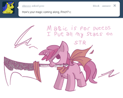Size: 491x393 | Tagged: safe, artist:haute-claire, ruby pinch, ask ruby pinch, g4, ask, mouth hold, solo, tumblr, weapon