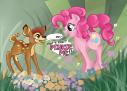 Size: 1200x855 | Tagged: safe, artist:chromaflow, pinkie pie, deer, earth pony, pony, g4, bambi, crossover, duo, female, mare