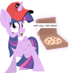 Size: 7263x7239 | Tagged: safe, artist:zvn, twilight sparkle, alicorn, pony, g4, absurd resolution, cap, female, hat, hooves, horn, lineless, mare, open mouth, pizza, pizza delivery, simple background, solo, transparent background, twilight sparkle (alicorn), wings