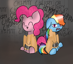 Size: 847x746 | Tagged: safe, artist:pinkhatsyndrome, pinkie pie, rainbow dash, g4, chimicherrychanga, clothes, duo, prison, prison outfit, prisoner pp