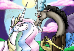 Size: 1332x916 | Tagged: safe, artist:another-story-2tell, discord, princess celestia, g4