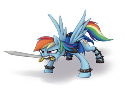 Size: 1637x1188 | Tagged: safe, artist:another-story-2tell, rainbow dash, g4, clothes, crossover, female, mouth hold, oblivion, solo, sword, the elder scrolls, weapon