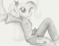 Size: 2152x1692 | Tagged: safe, artist:knightmare-moon, trixie, equestria girls, g4, female, monochrome, peanut butter crackers, selfie, solo, traditional art