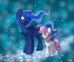 Size: 3000x2500 | Tagged: safe, artist:frostykat13, princess luna, sweetie belle, alicorn, pony, unicorn, for whom the sweetie belle toils, g4, dream realm, dream walker luna, dreamscape, duo, female, filly, high res, mare, missing accessory, spread wings