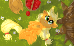 Size: 1280x800 | Tagged: safe, artist:ostichristian, applejack, earth pony, pony, g4, apple, bucket, cute, female, looking up, on back, silly, silly pony, smiling, solo, tree, underhoof