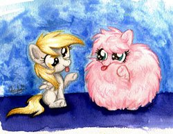 Size: 1024x790 | Tagged: safe, artist:domickee, derpy hooves, oc, oc:fluffle puff, pony, g4, cute, derpabetes, flufflebetes, ocbetes, raised hoof, silly, silly pony, sitting, smiling, tongue out, traditional art