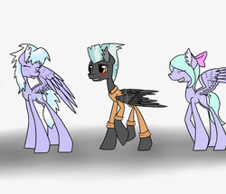 Size: 1400x1200 | Tagged: safe, artist:glazly042, cloudchaser, flitter, thunderlane, pegasus, pony, g4, blushing, chains, clothes, embarrassed, female, laughing, male, mare, prison outfit, prisoner, ship:thunderchaser, shipping, simple background, smiling, stallion, straight