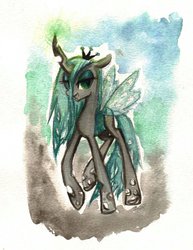 Size: 1024x1326 | Tagged: safe, artist:domickee, queen chrysalis, changeling, changeling queen, g4, female, solo, traditional art, walking, watercolor painting