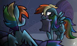 Size: 2700x1600 | Tagged: safe, artist:monnarcha, rainbow dash, g4, awkward, bed, blushing, female, floppy ears, male, mouth hold, night, pillow, rainbow blitz, rule 63, self ponidox, selfcest, ship:dashblitz, shipping, straight