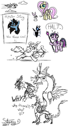 Size: 1407x2614 | Tagged: safe, artist:another-story-2tell, angel bunny, discord, fluttershy, twilight sparkle, oc, g4, arrow, bow (weapon), bow and arrow, magic, sketch, sketch dump, staff