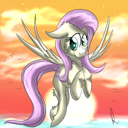 Size: 2000x2000 | Tagged: safe, artist:sintakhra, fluttershy, g4, female, floppy ears, flying, high res, ocean, smiling, solo, sunset