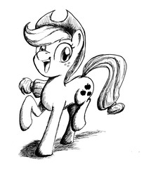 Size: 2120x2460 | Tagged: safe, artist:d-lowell, applejack, g4, :d, female, high res, lineart, monochrome, raised hoof, smiling, solo, traditional art