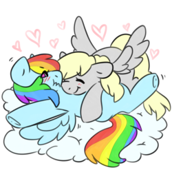 Size: 1024x1024 | Tagged: safe, artist:pantiedpython, derpy hooves, rainbow dash, pegasus, pony, g4, blushing, cloud, cuddling, eyes closed, female, heart, mare, on back, simple background, snuggling, spread wings, transparent background