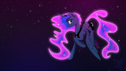 Size: 1920x1080 | Tagged: safe, artist:darkflame75, princess luna, lunadoodle, g4, female, flying, looking at you, night, solo, stars, wallpaper