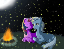 Size: 720x553 | Tagged: safe, artist:valiumangel, trixie, twilight sparkle, pony, unicorn, g4, female, fire, lesbian, mare, night, ship:twixie, shipping