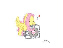 Size: 1024x768 | Tagged: safe, artist:tanmansmantan, fluttershy, pegasus, pony, g4, companion cube, crossover, female, portal (valve), simple background, solo, white background