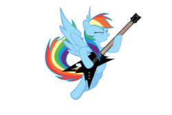 Size: 4167x2778 | Tagged: safe, artist:reversalx, rainbow dash, pegasus, pony, g4, electric guitar, eyes closed, female, guitar, high res, hooves, mare, musical instrument, open mouth, playing, simple background, solo, spread wings, vector, white background, wings