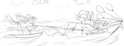 Size: 900x337 | Tagged: safe, artist:rubrony, pinkie pie, twilight sparkle, g4, balloon, boat, monochrome, mouth hold, water, water skiing