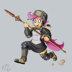 Size: 1500x1500 | Tagged: safe, artist:melancholy, scootaloo, anthro, g4, clothes, crossover, female, final fantasy, final fantasy xiv, lance, simple background, skirt, skirtaloo, solo, spear, weapon