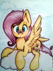 Size: 960x1280 | Tagged: safe, artist:shadowh00f, fluttershy, butterfly, g4, butterfly on nose, cloud, cloudy, female, insect on nose, prone, solo, traditional art