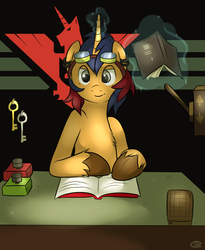 Size: 1038x1264 | Tagged: safe, artist:meggchan, oc, oc only, oc:electric spark, pony, unicorn, crossover, goggles, papers please