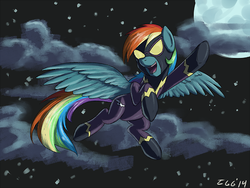 Size: 500x375 | Tagged: safe, artist:tggeko, rainbow dash, g4, clothes, female, flying, latex, latex suit, mlpgdraws, moon, night, open mouth, shadowbolt dash, shadowbolts, shadowbolts costume, solo