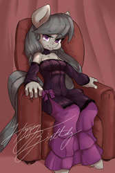 Size: 960x1440 | Tagged: safe, artist:blacksunarmada1993, octavia melody, earth pony, anthro, g4, armchair, birthday, chair, clothes, dress, female, happy birthday, lip bite, looking at you, sitting, solo