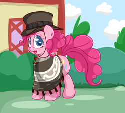 Size: 2161x1957 | Tagged: safe, artist:graphene, cheese sandwich, pinkie pie, earth pony, pony, g4, clothes, clothes swap, colored pupils, costume swap, female, hat, mare, mlpgdraws, open mouth, poncho, solo