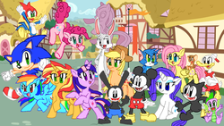 Size: 1024x576 | Tagged: safe, artist:joshbelldigitalarts, applejack, fluttershy, pinkie pie, rainbow dash, rarity, spike, sunset shimmer, twilight sparkle, cat, pony, g4, bugs bunny, crossover, felix the cat, gandy goose, jerry mouse, male, mane seven, mane six, mickey mouse, oswald the lucky rabbit, sonic the hedgehog, sonic the hedgehog (series), tom and jerry, tom cat, woody woodpecker