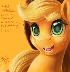 Size: 600x613 | Tagged: safe, artist:tsitra360, applejack, g4, artist challenge, female, one layer, open mouth, simple background, smiling, solo