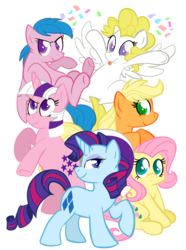 Size: 2158x2907 | Tagged: safe, artist:voraire, applejack (g1), firefly, posey, sparkler (g1), surprise, twilight, earth pony, pegasus, pony, unicorn, g1, colored pupils, confetti, cute, female, g1 six, g1 to g4, generation leap, high res, mare, simple background, smiling, tongue out, transparent background