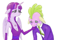 Size: 635x432 | Tagged: safe, artist:vautaryt, spike, twilight sparkle, anthro, g4, clothes, dress, tuxedo, twilight sparkle (alicorn)