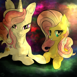 Size: 1500x1500 | Tagged: safe, artist:pedrohander, fleur-de-lis, fluttershy, g4, abstract background, bedroom eyes, colored, couple, cute, digital art, female, fluffy, flutter de lis, grin, lesbian, looking at you, prone, shipping, smiling