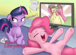 Size: 1793x1310 | Tagged: safe, artist:augustbebel, fluttershy, pinkie pie, twilight sparkle, earth pony, pony, unicorn, g4, digestion, featureless crotch, female, fetish, flutterbat, flutterpred, game, game console, mare, playing, vore
