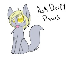 Size: 500x375 | Tagged: safe, artist:lonely-galaxies, derpy hooves, cat, ask derpy paws, g4, :p, animated, ask, blinking, cute, ear flick, female, floppy ears, simple background, sitting, smiling, species swap, tongue out, transparent background, tumblr