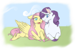 Size: 670x451 | Tagged: safe, artist:hitokage195, fluttershy, rarity, classical unicorn, g4, female, horn, leonine tail, lesbian, ship:flarity, shipping