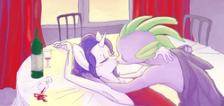 Size: 1696x799 | Tagged: safe, artist:vautaryt, rarity, spike, dragon, unicorn, anthro, g4, armpits, breasts, duo, female, kiss on the lips, kissing, male, mare, ship:sparity, shipping, straight, wine