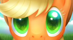 Size: 900x493 | Tagged: safe, artist:nekiw, part of a set, applejack, earth pony, pony, g4, close-up, colored eyelashes, colored pupils, cute, eyes, female, jackabetes, looking at you, smiling, solo
